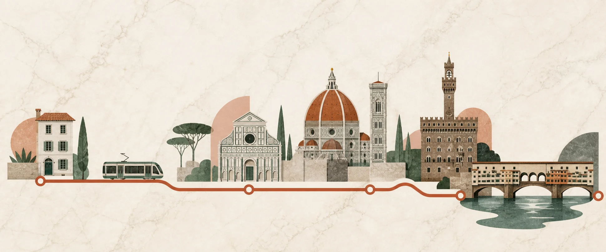 Illustrated Tram T1 route from the apartment to Santa Maria Novella and Florence monuments